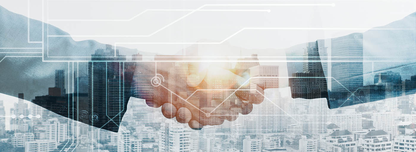 Business partners handshake global corporate with technology concept
